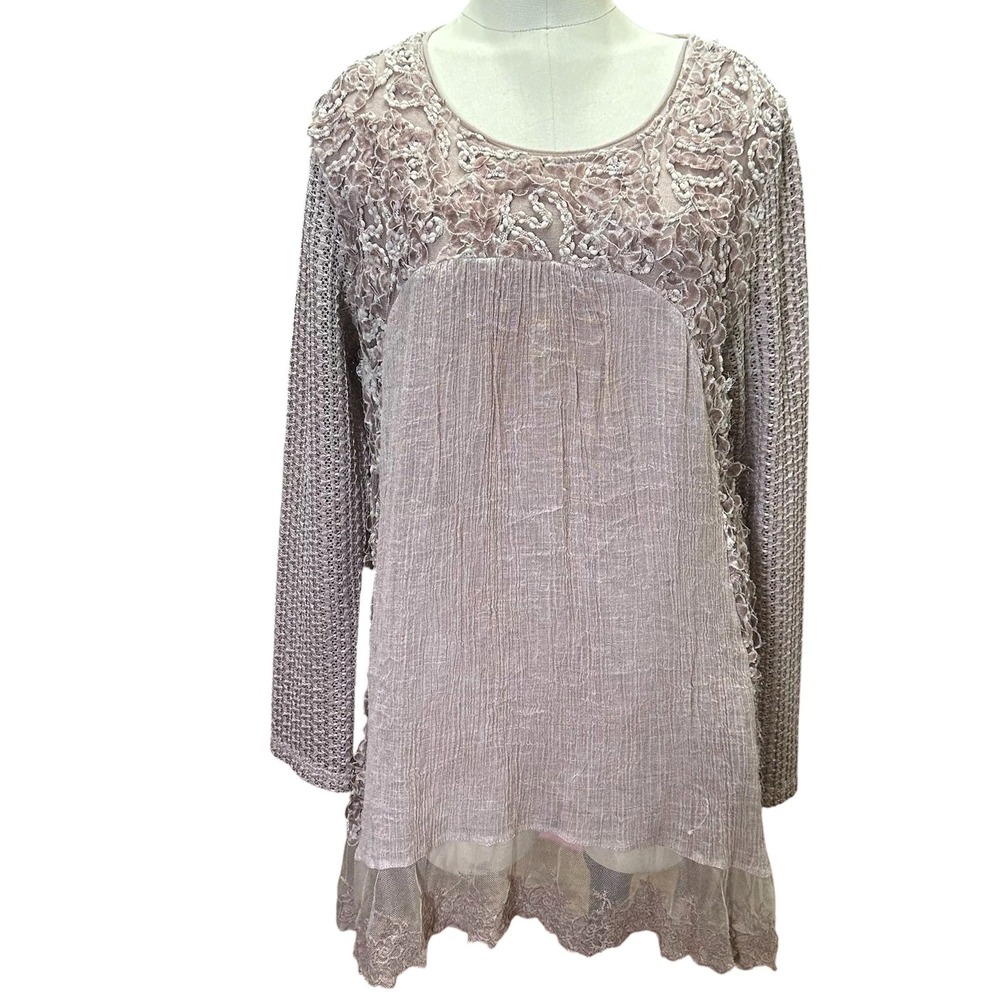 Feratelli Mauve Pink Mixed Media Size Medium Tunic Top Romantic Boho Velvet Lace